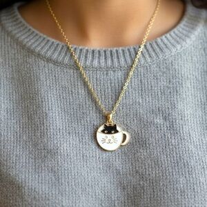 Handmade Black Cat In A Cup Coffee Pendant Necklace, Cat Charm Necklace